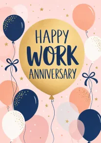 Pastel balloon card with gold center reading Happy Work Anniversary in navy lettering and stars.