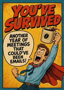 Comic superhero raises mug after surviving another year of meetings that could have been emails.