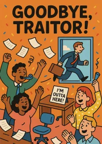 Cheering coworkers celebrate a departing colleague with confetti and a bold goodbye, traitor message inside.