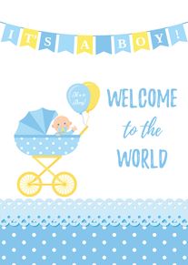 Blue baby pram card with boy balloons and welcome to the world wording, very cute.