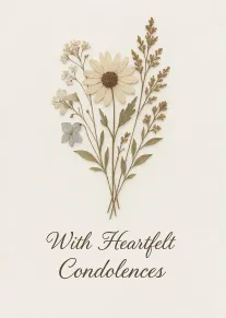 Pressed wildflower bouquet on cream background with the words With Heartfelt Condolences in script below.
