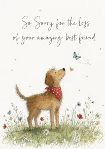 Watercolour dog standing in flowers with sympathy wording about the loss of your amazing best friend.