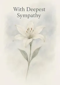 Watercolor white lily card reading With Deepest Sympathy on a pale background with calming tones.