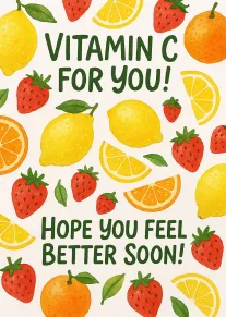 Watercolour fruits surround Vitamin C for you, with hope you feel better soon message card.