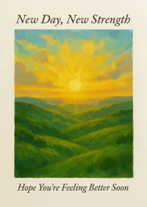 Painterly sunrise over green hills with hopeful recovery message.