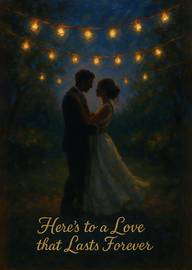Romantic couple under glowing string lights with love message