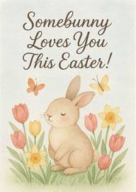 Cute Easter Card with Bunny, Flowers, and Butterflies