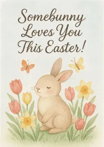 Watercolour bunny sits among tulips and daffodils under the message Somebody Loves You This Easter.