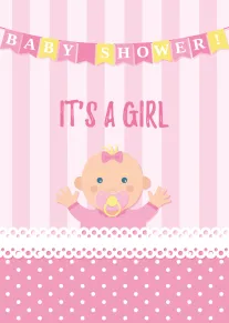 Pink baby shower card with banner reading Baby Shower It’s a Girl and smiling baby.