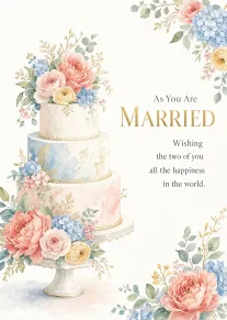 Watercolor tiered wedding cake with pastel flowers and a heartfelt message for a married couple.