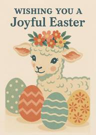 Cute lamb with floral crown and decorated Easter eggs card