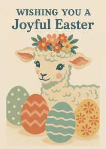 A lamb with flower crown beside Easter eggs and the words Wishing You Joyful Easter.