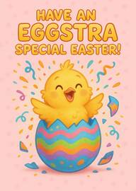 Cute yellow chick hatching from colorful Easter egg with confetti