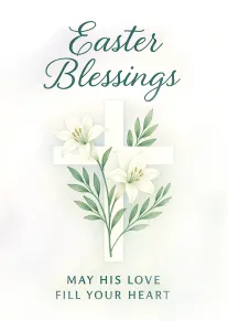 Watercolor card with lilies and leaves around a cross, reading Easter Blessings in teal script.