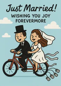 Bride and groom ride a bicycle with cans trailing behind under just married text sky.