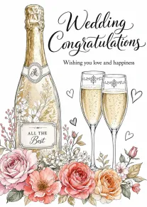 Champagne bottle, two flutes, and floral bouquet with Wedding Congratulations text and love and happiness.