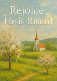 Peaceful Easter card with blooming trees and church scene