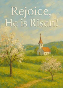 Pastel church landscape card reading Rejoice, He is Risen! with spring trees and hills below.