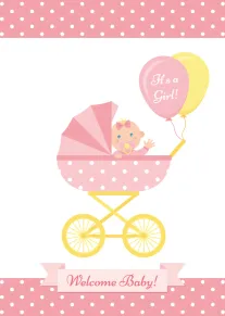 Pink pram with baby girl and balloons saying It's a Girl and Welcome Baby greeting.
