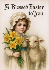 Vintage child in bonnet holds daffodils beside a lamb beneath Blessed Easter greeting on card.