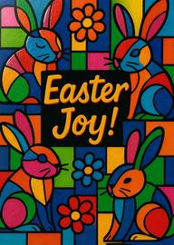 Colorful Easter Card with Joyful Bunnies and Flowers
