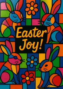 Colorful stained glass style rabbits surround Easter Joy text with flowers on a black background.