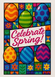 Colorful Easter eggs and flowers Celebrate Spring greeting card