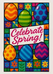 Colorful spring card with eggs, flowers, and the text Celebrate Spring in bold pink script.