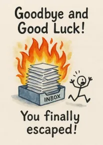Humorous card with burning inbox, fleeing stick figure, and goodbye good luck message on background.