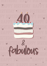 40 and Fabulous Birthday Card with Cake and Hearts Design