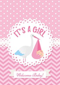Pink stork carries a baby girl beside the words It's a Girl on polka dots.