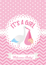 Pink Baby Girl Welcome Card with Stork and Polka Dots