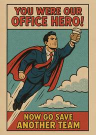 Retro Comic Style Office Hero Farewell Card with Coffee