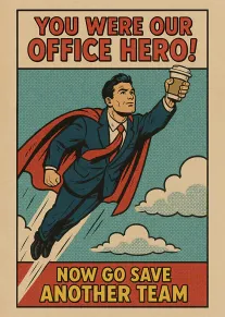 Retro superhero man flying with coffee cup and message thanking an office hero leaving card.