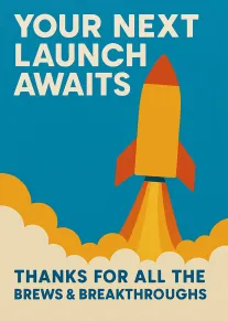 A bright rocket launches through clouds with playful thank-you text on a blue retro background.