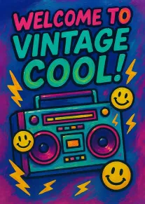 Neon boombox card with vintage cool text, smiley faces and lightning bolts on blue background.