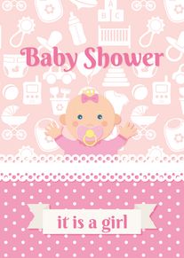 Pink baby shower card with cute baby, polka dots, and text it is a girl