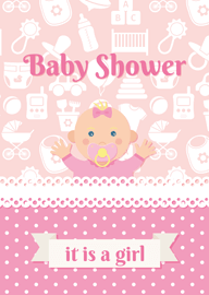 Pink Baby Shower Card Celebrating It's a Girl with Cute Baby Illustration