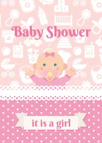 Pink baby shower card with cute baby, polka dots, and text it is a girl