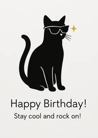 Cool black cat wearing sunglasses birthday card with rock on message