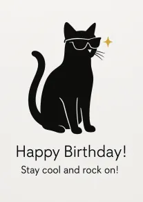 Black cat wearing sunglasses with Happy Birthday and Stay cool and rock on text below.