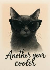 Black Cat Wearing Sunglasses with Another Year Cooler Text