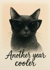 Black cat wearing sunglasses on beige watercolor background with Another year cooler text below card.