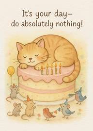 Cute cat sleeping on birthday cake with mice and birds celebrating