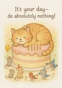 A sleepy cat naps on a birthday cake while mice and birds party happily below.