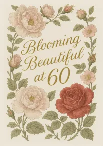 Vintage floral birthday card reading Blooming Beautiful at 60 with soft pink and gold roses.