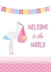 Stork carries baby girl beneath It's a Girl banner with Welcome to the World text.