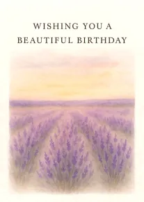 Watercolor lavender field card reading Wishing You a Beautiful Birthday in elegant serif type above.