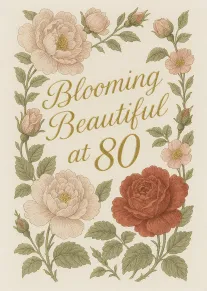 Vintage floral card reading Blooming Beautiful at 80 with soft pink roses and gold lettering.