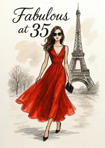 Fashionable woman in a red dress stands beside Eiffel Tower with Fabulous at 35 text.